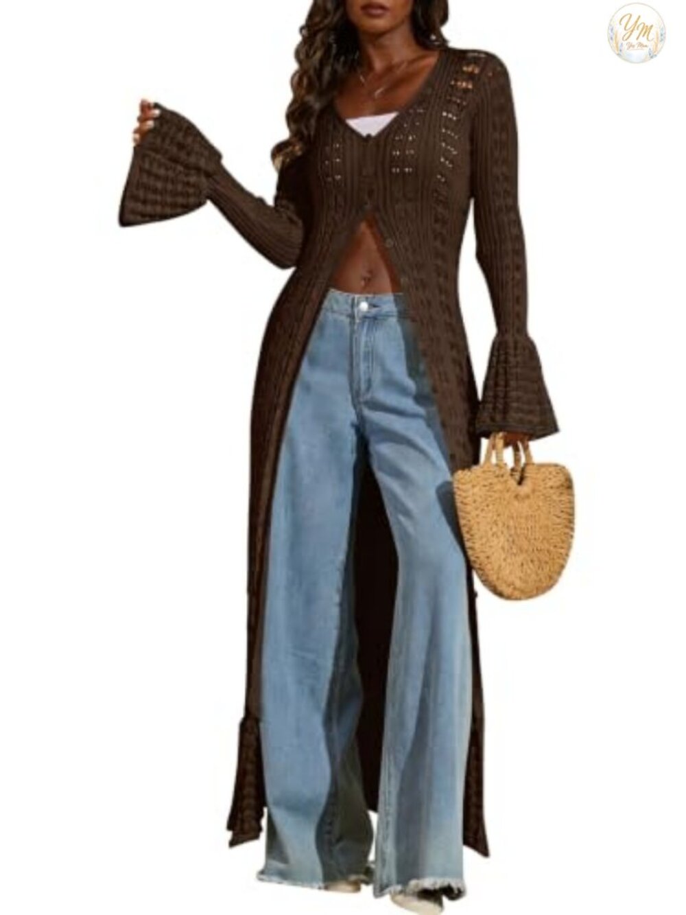 Crochet Long Duster Cardigan Sweater for Women Flowy Bell Sleeve Button Up Knit